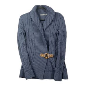 LAUREN RALPH LAUREN MEDIUM WOMEN'S ASYMETRICAL WRAP SWEATER NAVY GOLD